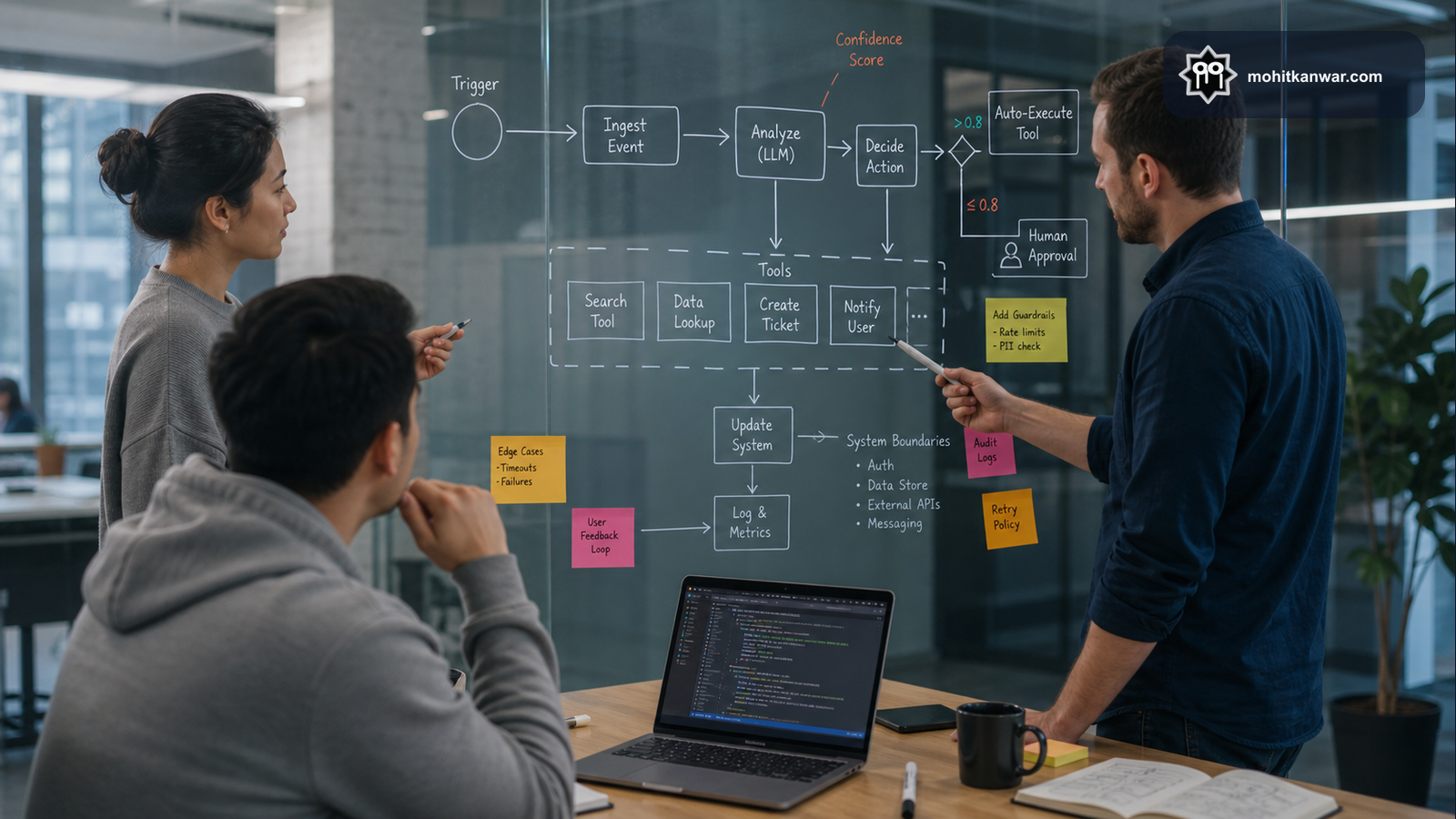 Engineers designing an agentic workflow with tools, approval gates, and system boundaries