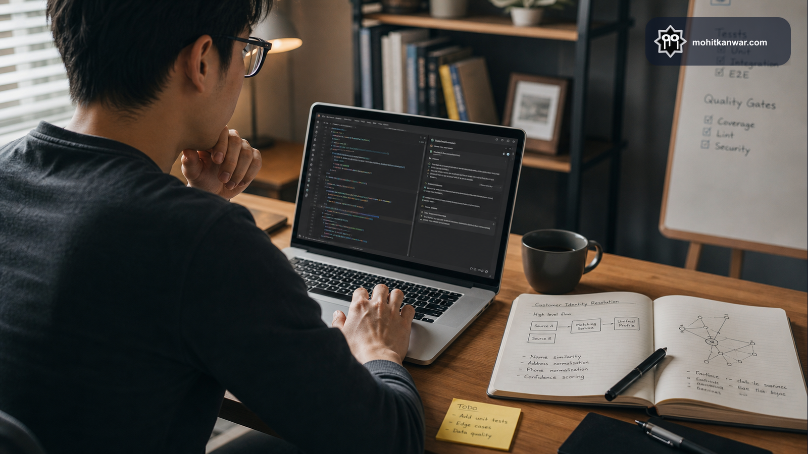 Software engineer using an AI coding agent while reviewing code, tests, and architecture notes
