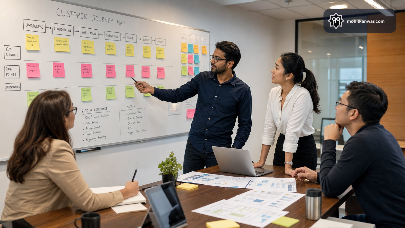 Software engineer and business team discussing a customer journey map and business process