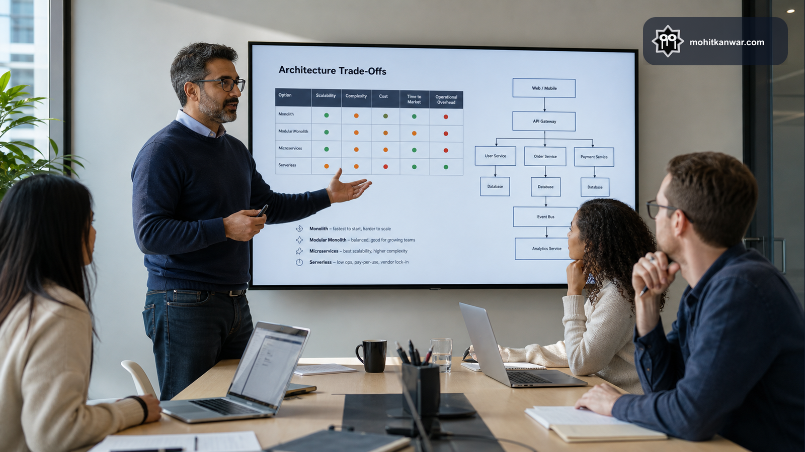 Software architect presenting tradeoffs and system design options to a cross-functional team