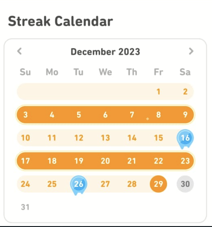 Streak Freeze Calendar