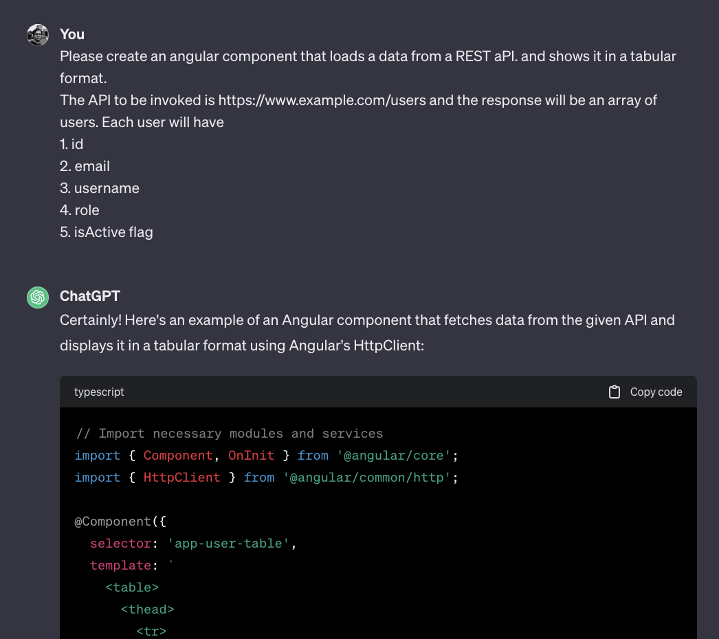 An example where I asked chatGPT to create an angular compoent (step 1)