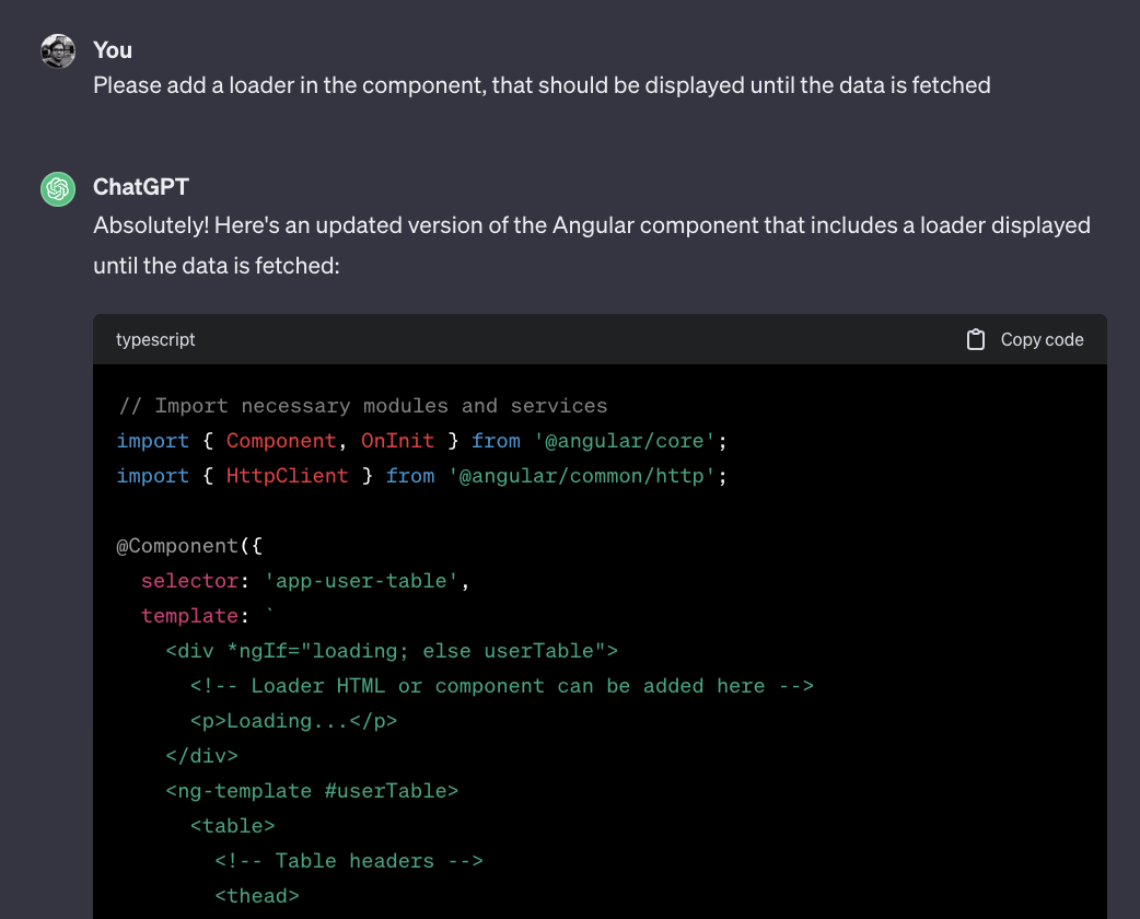 An example where I asked chatGPT to add a loader to already created component (step 2)